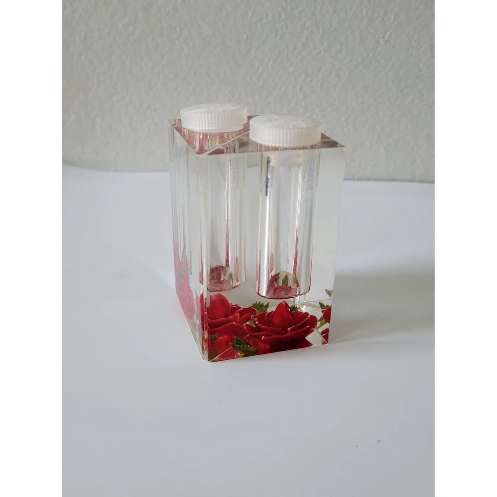 Vintage Clear Lucite Salt and Pepper Shakers Reverse Carved Red Roses Bircraft